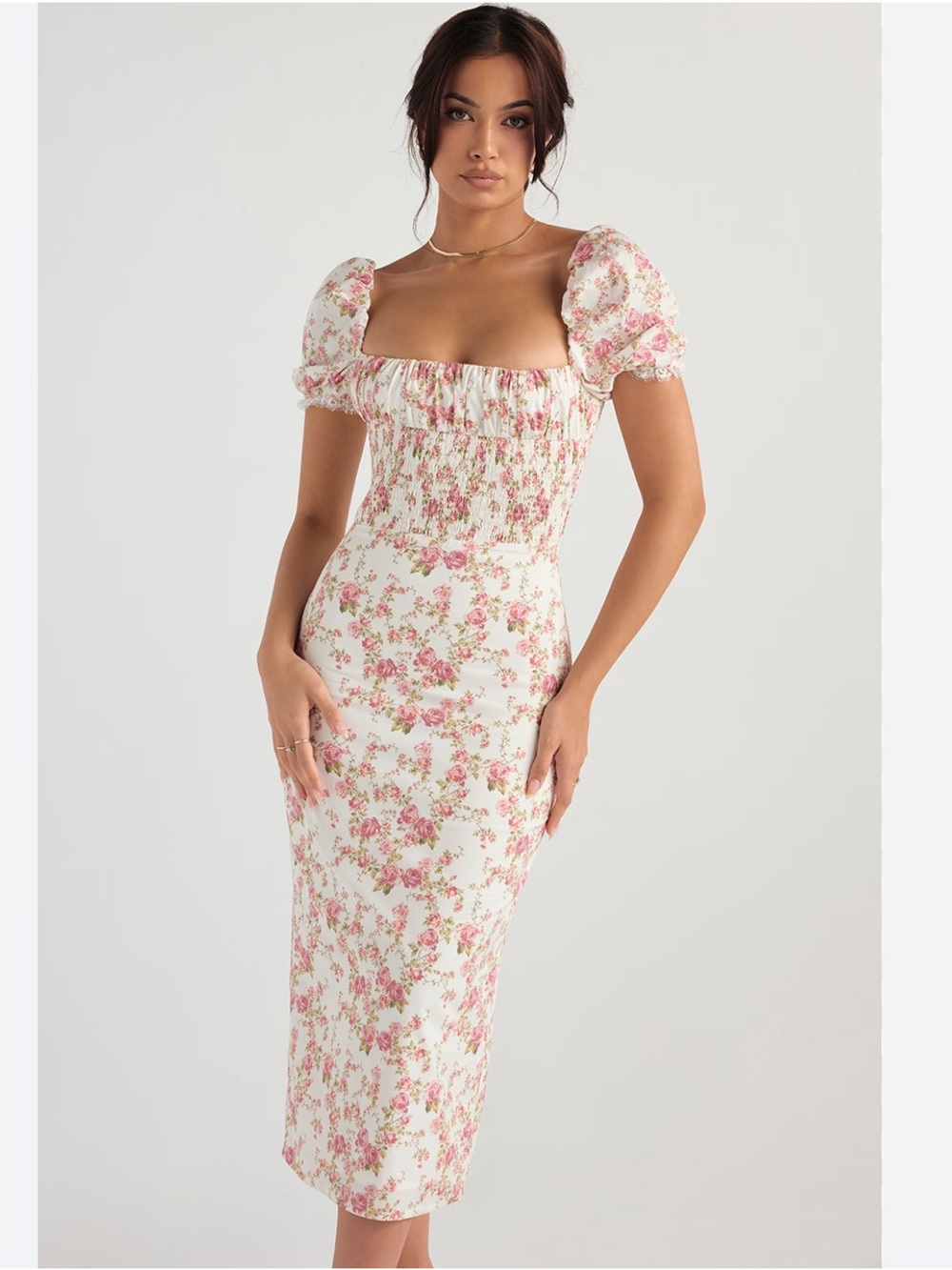 House of CB White Midi Dress with Pink Floral Print - Picture 2 of 8